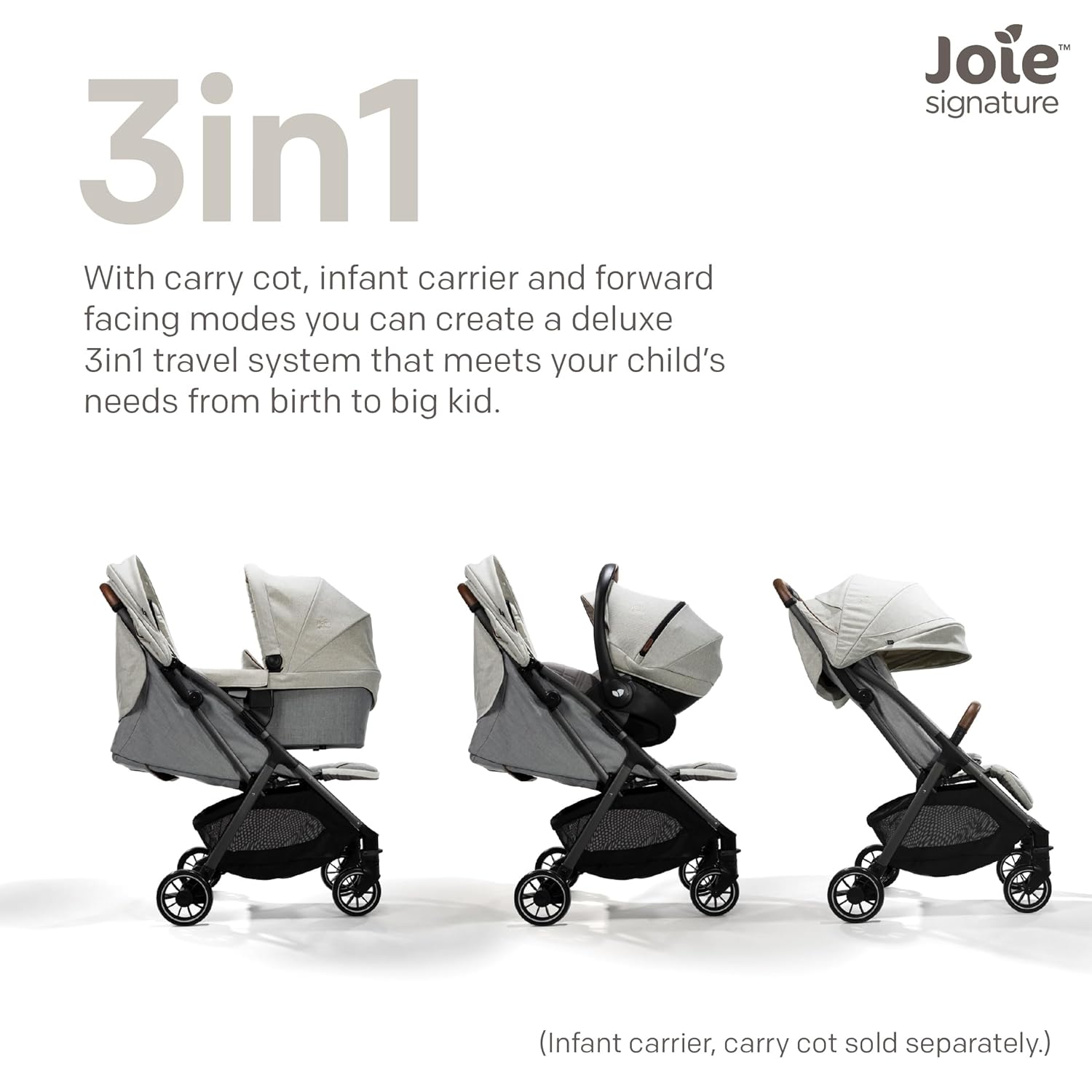 Joie Parcel 3in1 Compact Lightweight Travel Stroller - Pram with 5-Point Harness & One-Hand Fold Baby Stroller for 0-4 Years, Magnetic Buckles for Harness Suitable from Birth to 22 kg
