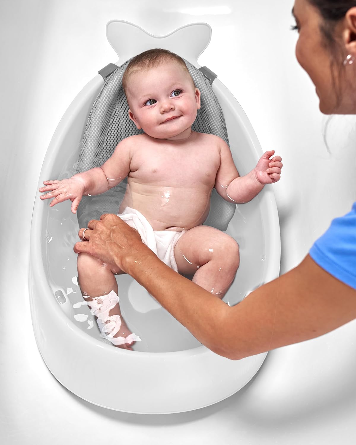 Skip Hop Bath Tub - Moby Smart Sling 3-Stage Tub, PVC-Free, Phthalate-Free, Non Slip Bath Tub for New Born with Drain Plug (Birth to 11Kg, White Color)