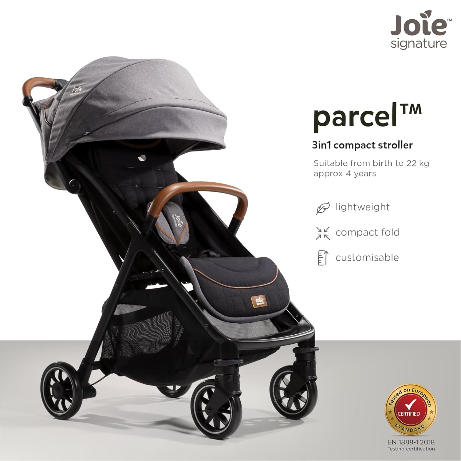 Joie Parcel 3in1 Compact Lightweight Travel Stroller - Pram with 5-Point Harness & One-Hand Fold Baby Stroller for 0-4 Years, Magnetic Buckles for Harness Suitable from Birth to 22 kg