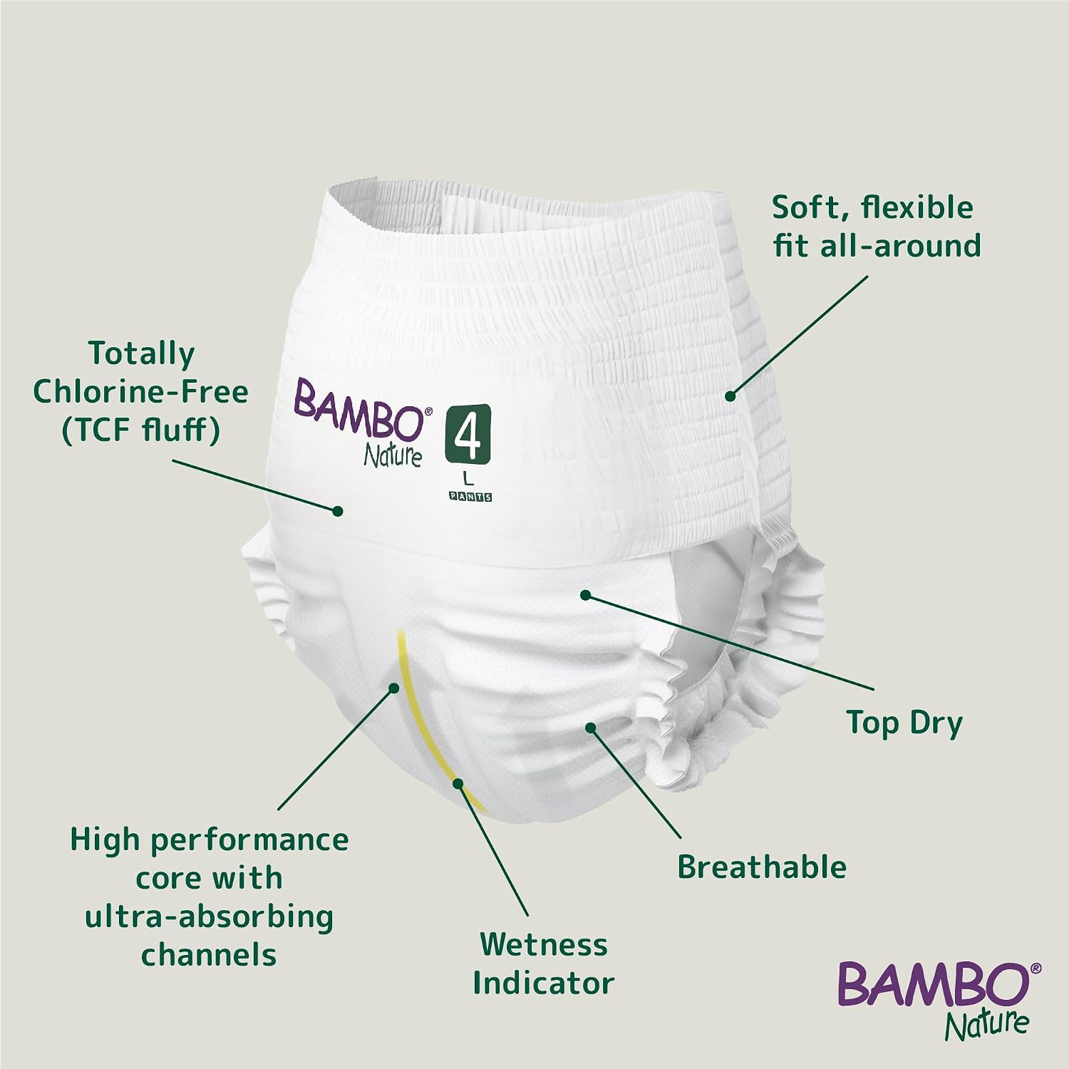 Bambo Nature Premium Baby Pants Diapers for Kids Large Size (7-12 Kgs), Super Absorbent, Breathable, Extra Soft, Dermatologically Tested, Hypoallergenic Infant Nappies With Wetness Indicator, 20 Count