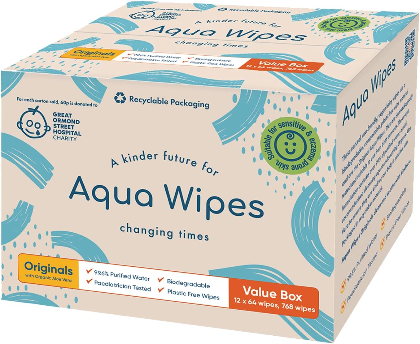 Aqua Wipes Originals Baby Wipes, 100% Biodegradable, Plastic Free Wipes, 99.6% Purified Water, Newborn Wipes, Vegan, Paraben and Perfume Free, NHS Approved (12 Packs of 64 Wipes, 768 Wipes)