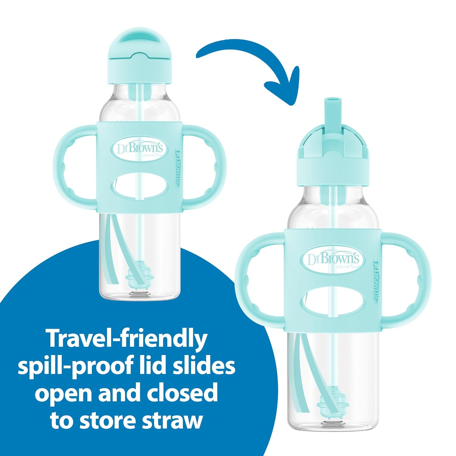 Dr. Brown's Milestones Narrow Sippy Straw Bottle, Spill-Proof with 100% Silicone Handles and Weighted Straw, 8 oz/250 mL, Green, 6m+