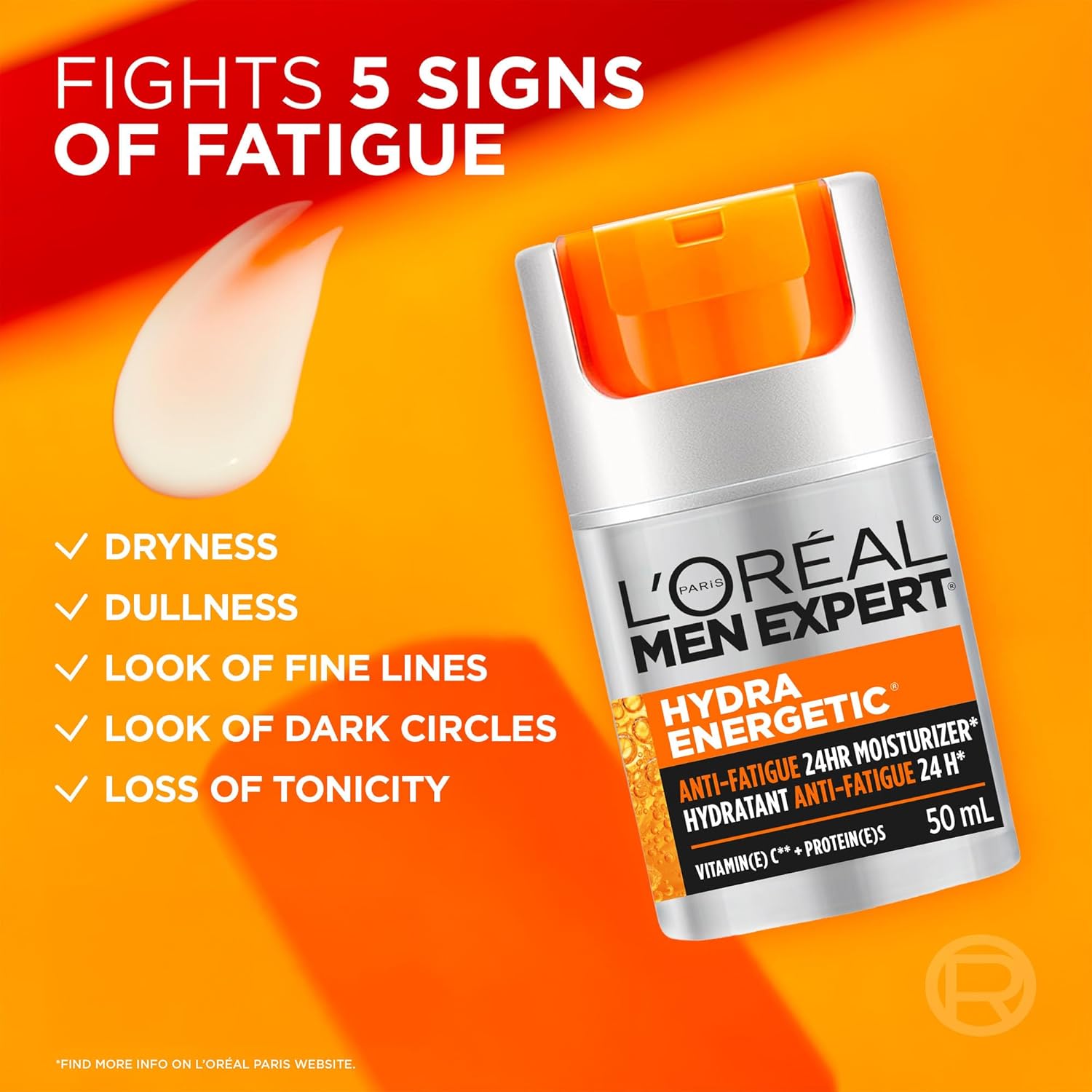 L'OREAL PARIS Men Expert Hydra Energetic Face Cream With Vitamin C + Protein, 24Hr Non-Greasy Face Moisturizer For Men, For Dry And Dull Skin, Reduces Look Of Fine Lines & Dark Circles, 50Ml