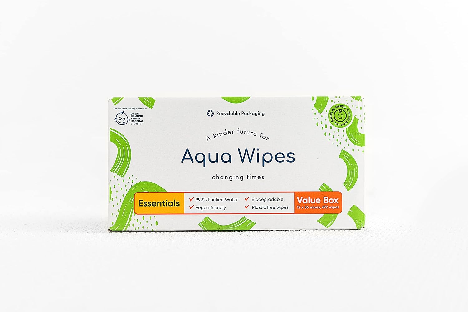 NEW Aqua Wipes Essentials Baby Wipes - Biodegradable and plastic free sensitive baby wipes with 99.6% purified water. Suitable for newborn onwards (Carton of 12 Packs of 56, Total 672 Wipes)