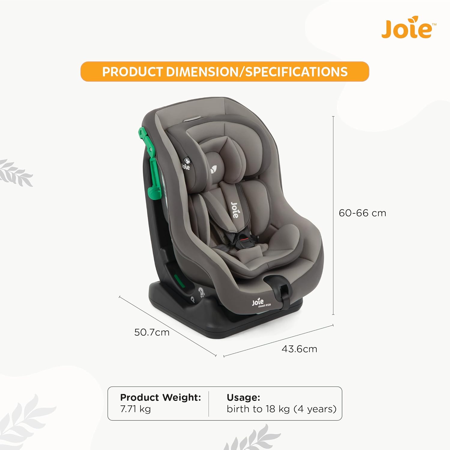 Joie Steadi R129 Car Seat - Baby Car Seat R129 Certified, Side Impact Protection, Rear and Forward Facing, for 0 to 4 Years Age with 5-Point Harness and 4 Recline Positions
