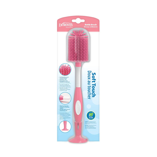 Dr. Brown's Soft Touch No Scratch Baby Bottle Cleaning Brush Nipple Cleaner with Stand and Storage Clip, BPA Free, Pink 1-Pack