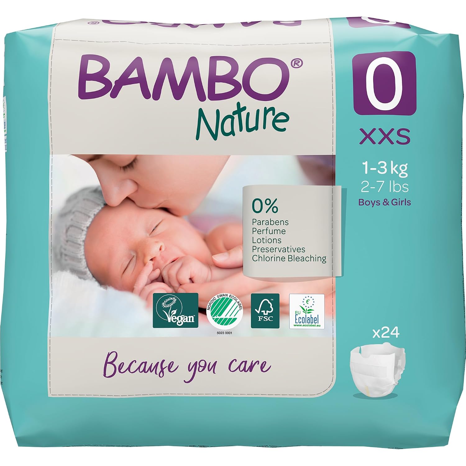 Bambo Nature Premium Baby Tape Diapers for Premature Baby XXS Size (1-3 Kgs) - Super Absorbent, Breathable, Extra Soft, Dermatologically Tested, Hypoallergenic Nappies With Wetness Indicator, 24 Count