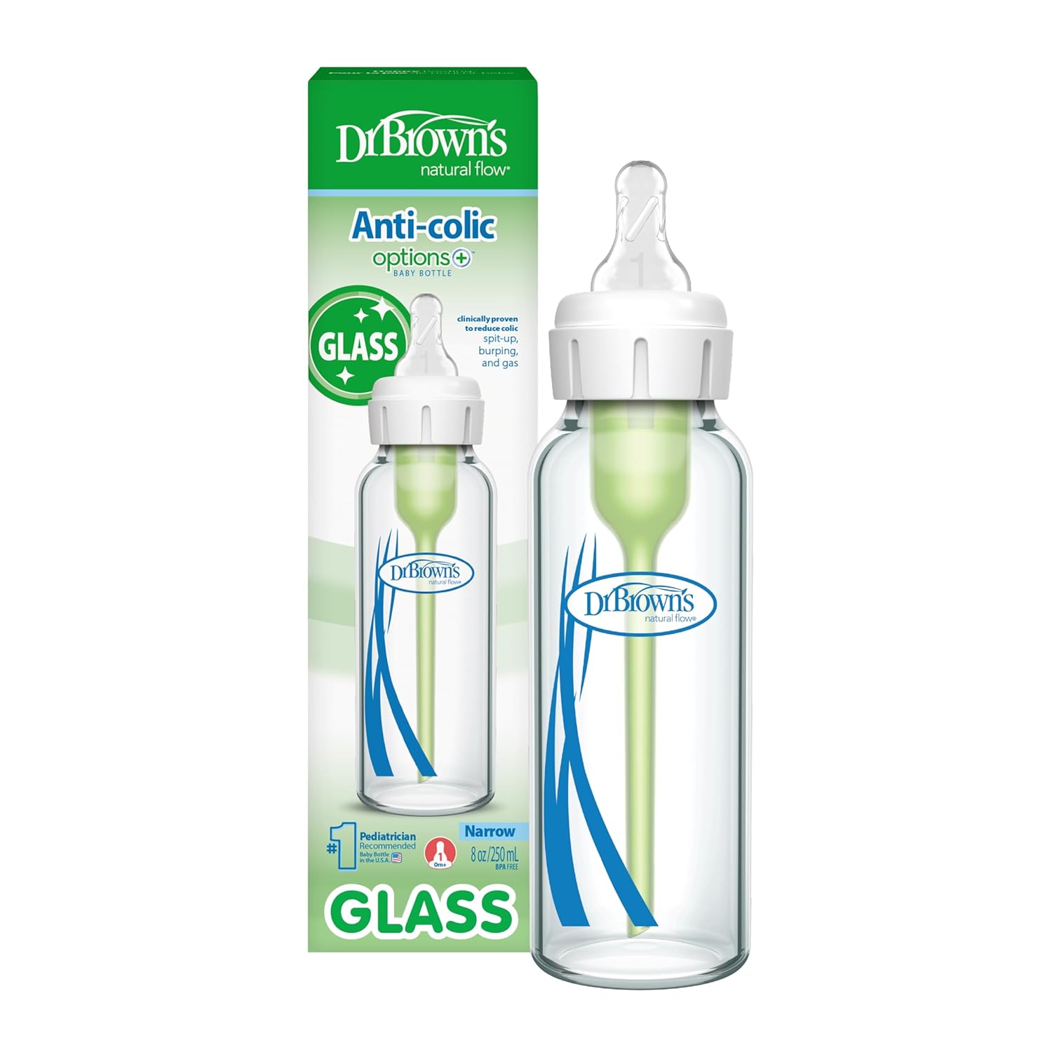 Dr. Brown's Natural Flow Options+ Narrow Neck Glass Baby Bottle, 8oz / 250ml