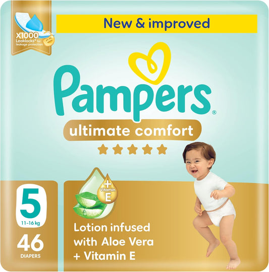 Pampers Ultimate Comfort Taped Diapers, Size 5, 11-16kg, Lotion infused with Aloe Vera and Vitamin E, x1000 Leak Locks Technology for Leakage Protection, Mega Pack, 46 Count