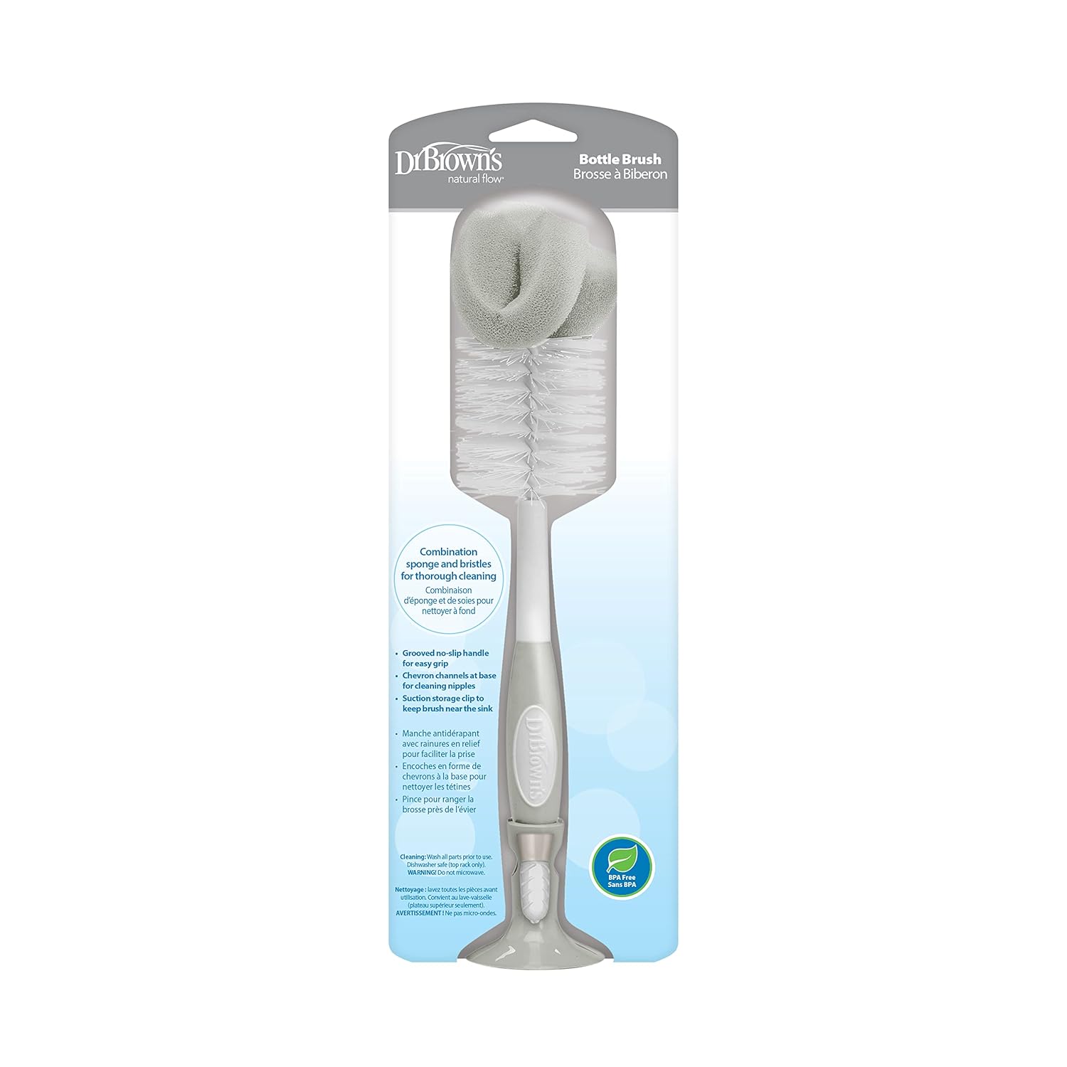Dr. Brown's Baby Bottle Cleaning Brush with Sponge, Scrubber and Nipple Cleaner, Grey 1 Pack