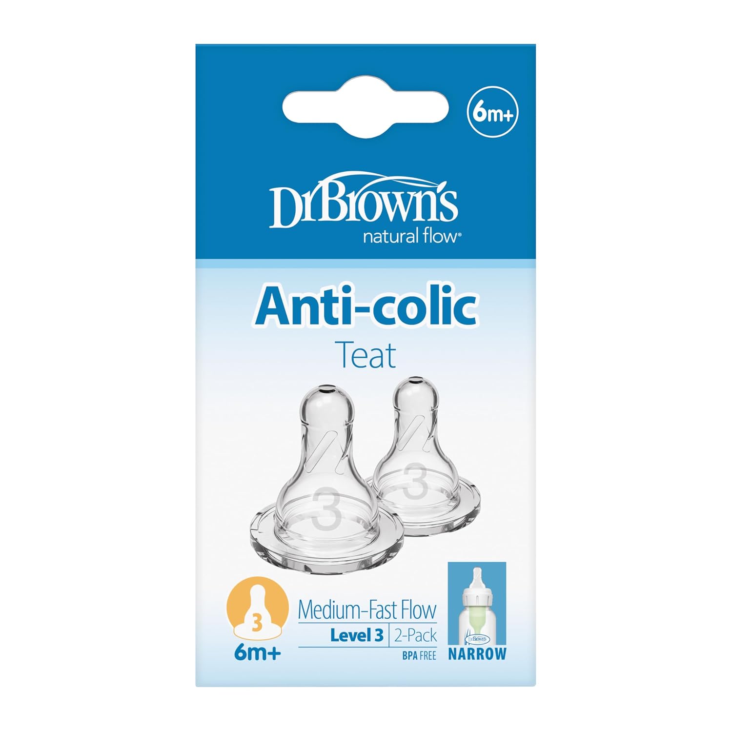 Dr. Brown's Silicone Natural Flow Level 3 Narrow Nipple (Clear) - Set of 2
