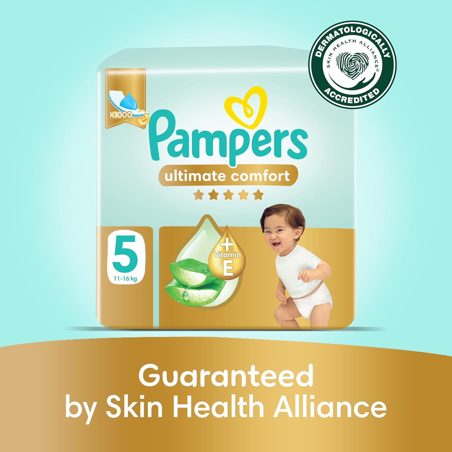 Pampers Ultimate Comfort Taped Diapers, Size 5, 11-16kg, Lotion infused with Aloe Vera and Vitamin E, x1000 Leak Locks Technology for Leakage Protection, Mega Pack, 46 Count