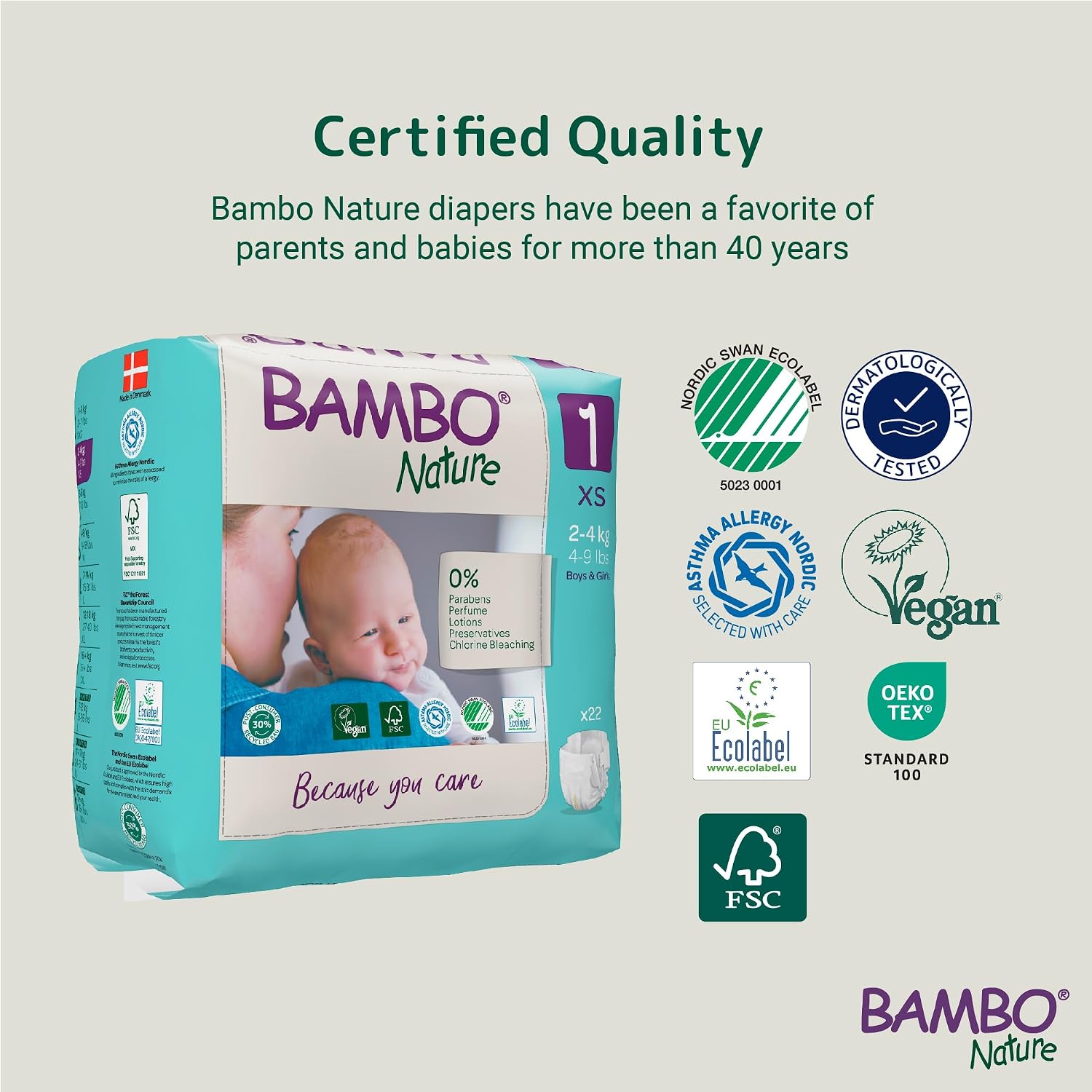 Bambo Nature Premium Baby Tape Diapers for New Born Baby XS Size (2-4 Kgs) - Super Absorbent, Breathable, Extra Soft, Dermatologically Tested, Hypoallergenic Nappies With A Wetness Indicator, 22 Count