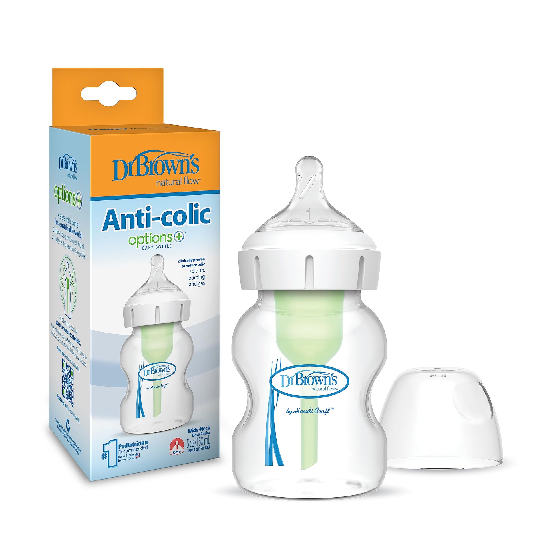 Dr. Brown's Natural Flow Anti-Colic Options+ Wide-Neck Baby Bottles 9 oz/270 mL,with Level 1 Slow Flow Nipple,4 Count,0m+