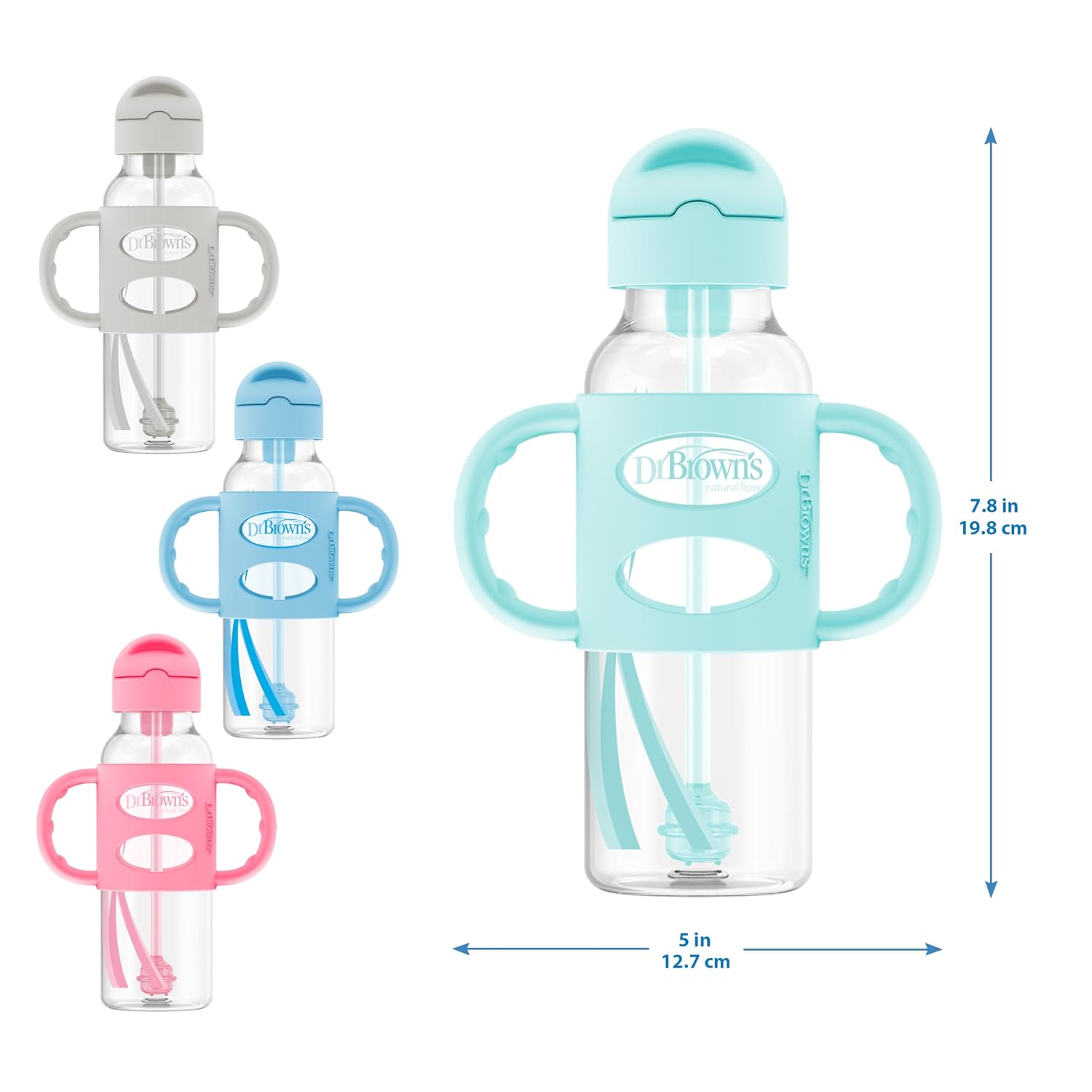 Dr. Brown's Milestones Narrow Sippy Straw Bottle, Spill-Proof with 100% Silicone Handles and Weighted Straw, 8 oz/250 mL, Blue/Gray, 6m+