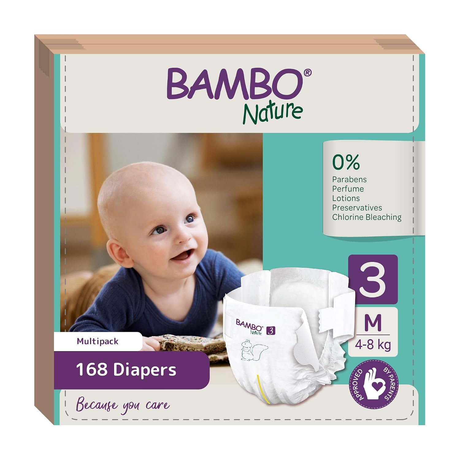 Bambo Nature Premium Baby Tape Diapers for Baby Medium Size (4-8 Kgs), Super Absorbent, Breathable, Extra Soft, Dermatologically Tested, Hypoallergenic Infant Nappies With Wetness Indicator, 168 Count