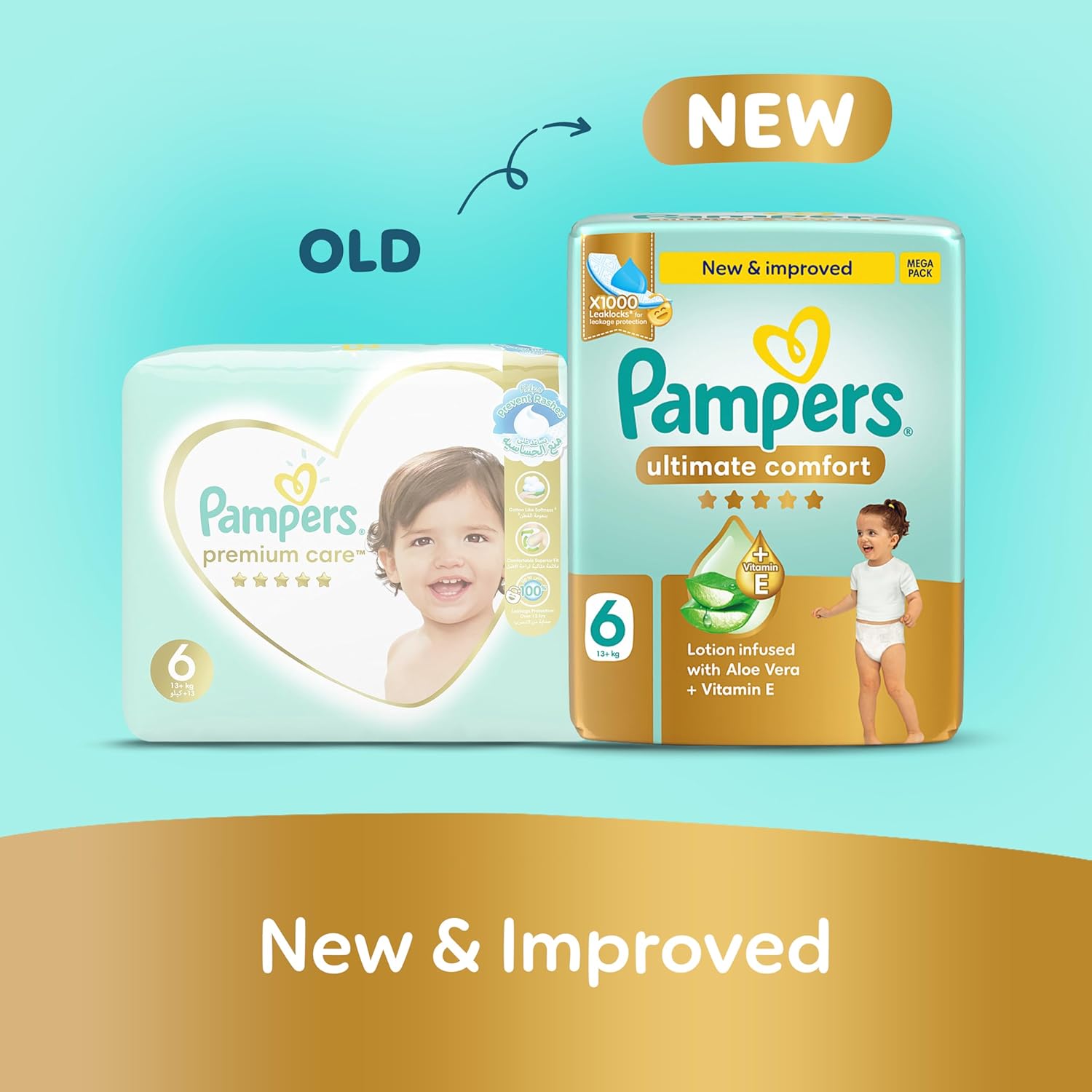 Pampers Ultimate Comfort Taped Diapers, Size 6, 13+kg, Lotion infused with Aloe Vera and Vitamin E, x1000 Leak Locks Technology for Leakage Protection, Mega Pack, 36 Count