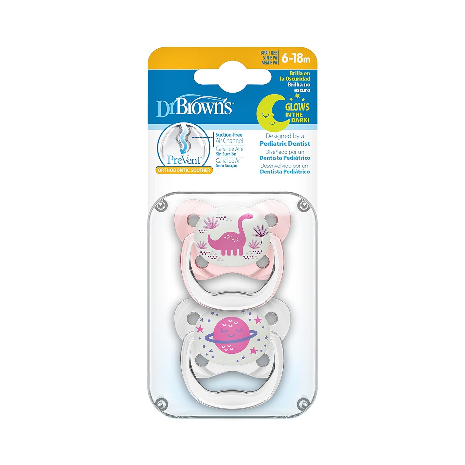Dr. Brown's Prevent Glow in The Dark Butterfly Shield Soother - Stage 2, Pink, Pack of 2, 6M to 18M