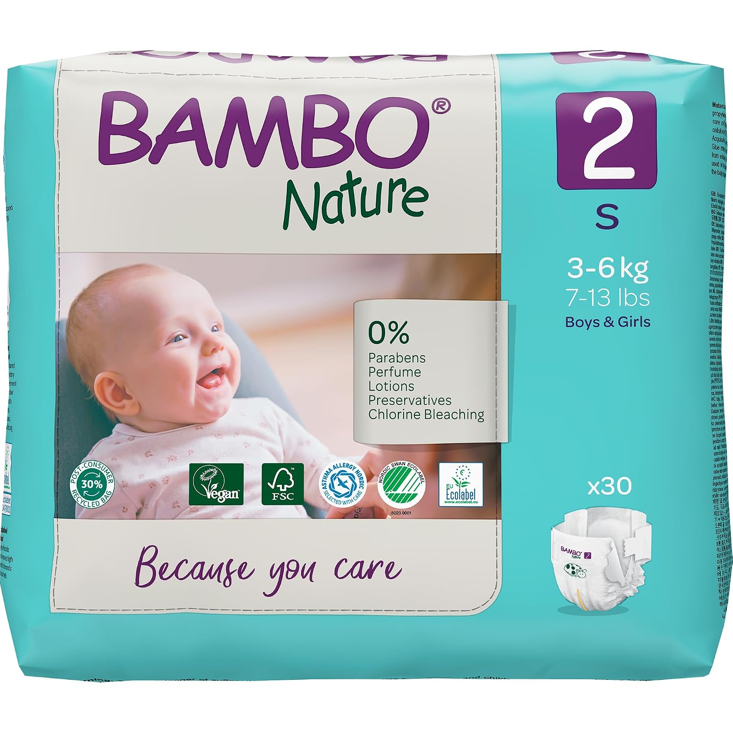 Bambo Nature Premium Baby Tape Diapers for Baby Small Size (3-6 Kgs) - Super Absorbent, Breathable, Extra Soft, Dermatologically Tested, Hypoallergenic Infant Nappies With Wetness Indicator, 30 Count
