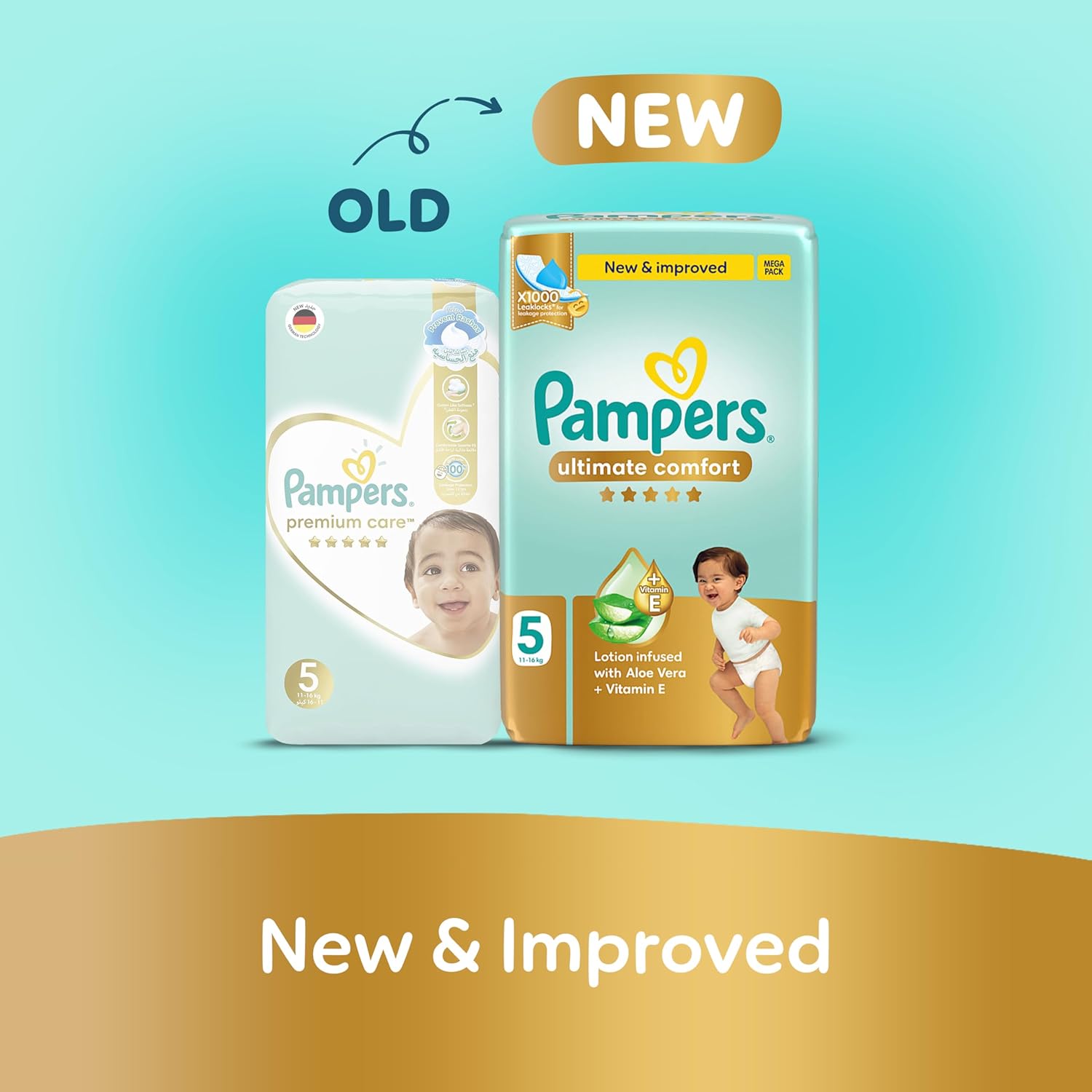 Pampers Ultimate Comfort Taped Diapers, Size 5, 11-16kg, Lotion infused with Aloe Vera and Vitamin E, x1000 Leak Locks Technology for Leakage Protection, Mega Pack, 46 Count