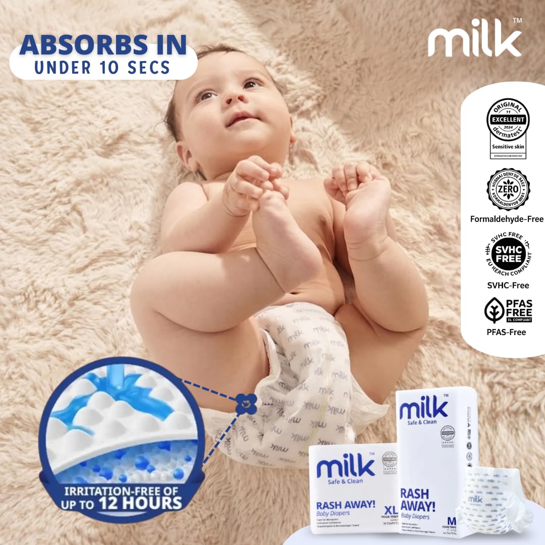 Milk Baby Diapers Rash Away Flexi Tape, Size S (4-8 kg), 48 Count | Up to 12 Hours Dryness, Leak-Proof, Hypoallergenic & Dermatologist Tested