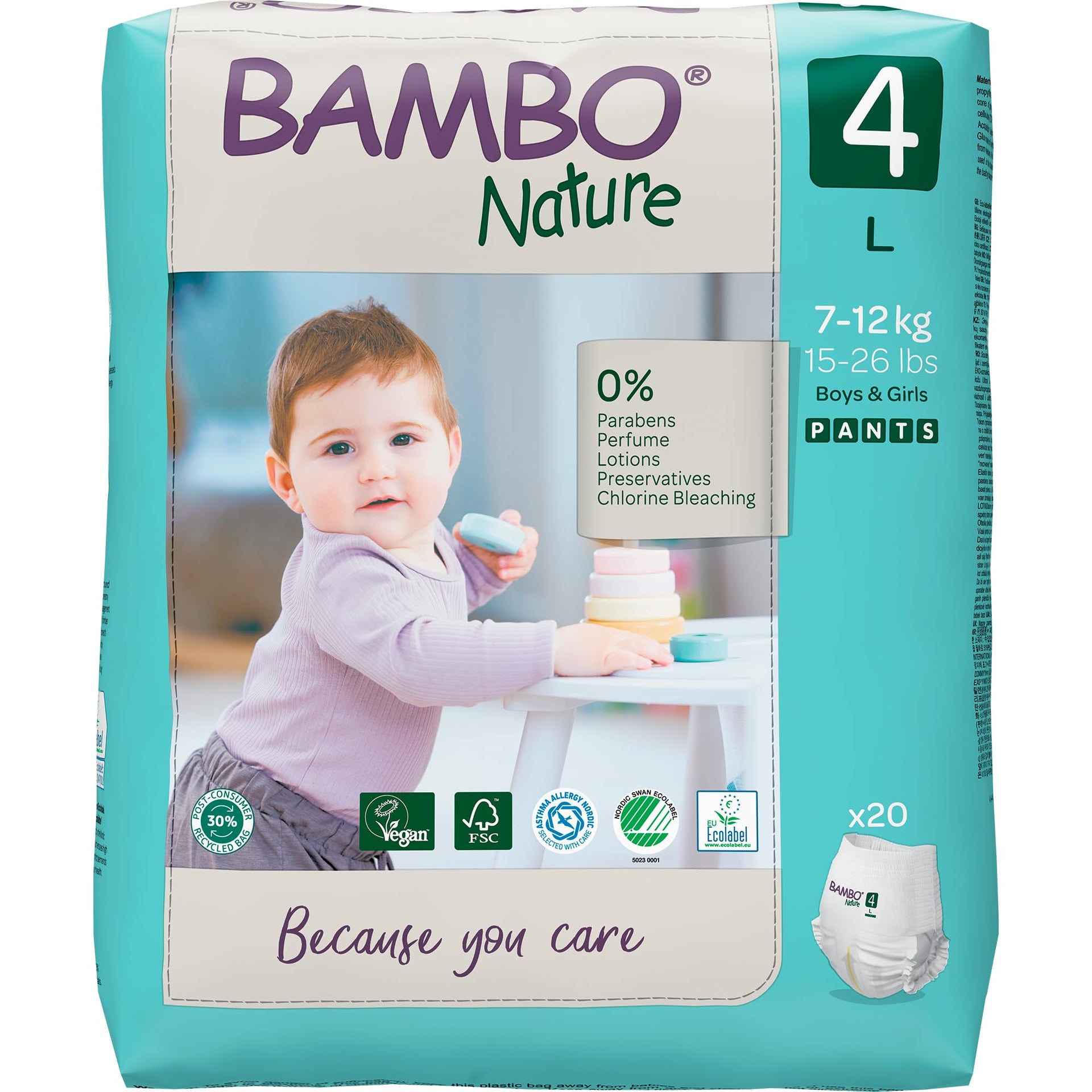 Bambo Nature Premium Baby Pants Diapers for Baby Large Size (7-12 Kgs), Super Absorbent, Breathable, Extra Soft, Dermatologically Tested, Hypoallergenic Nappies With Wetness Indicator, 60 Count