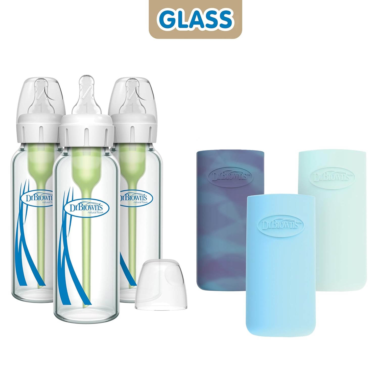 Dr. Brown's Anti-Colic Options+ Narrow Glass Baby Bottle with Level 1 Slow Flow Nipple, BPA-Free, 8 oz/250 mL, (3)