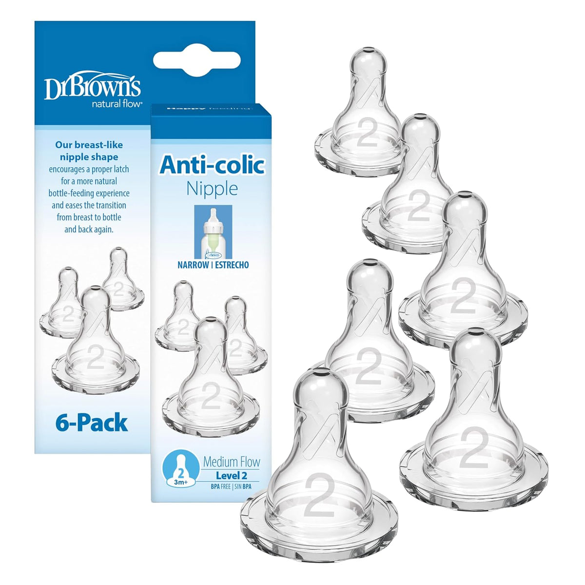 Dr. Brown's Natural Flow Narrow Baby Bottle Silicone Nipple, 6-Pack