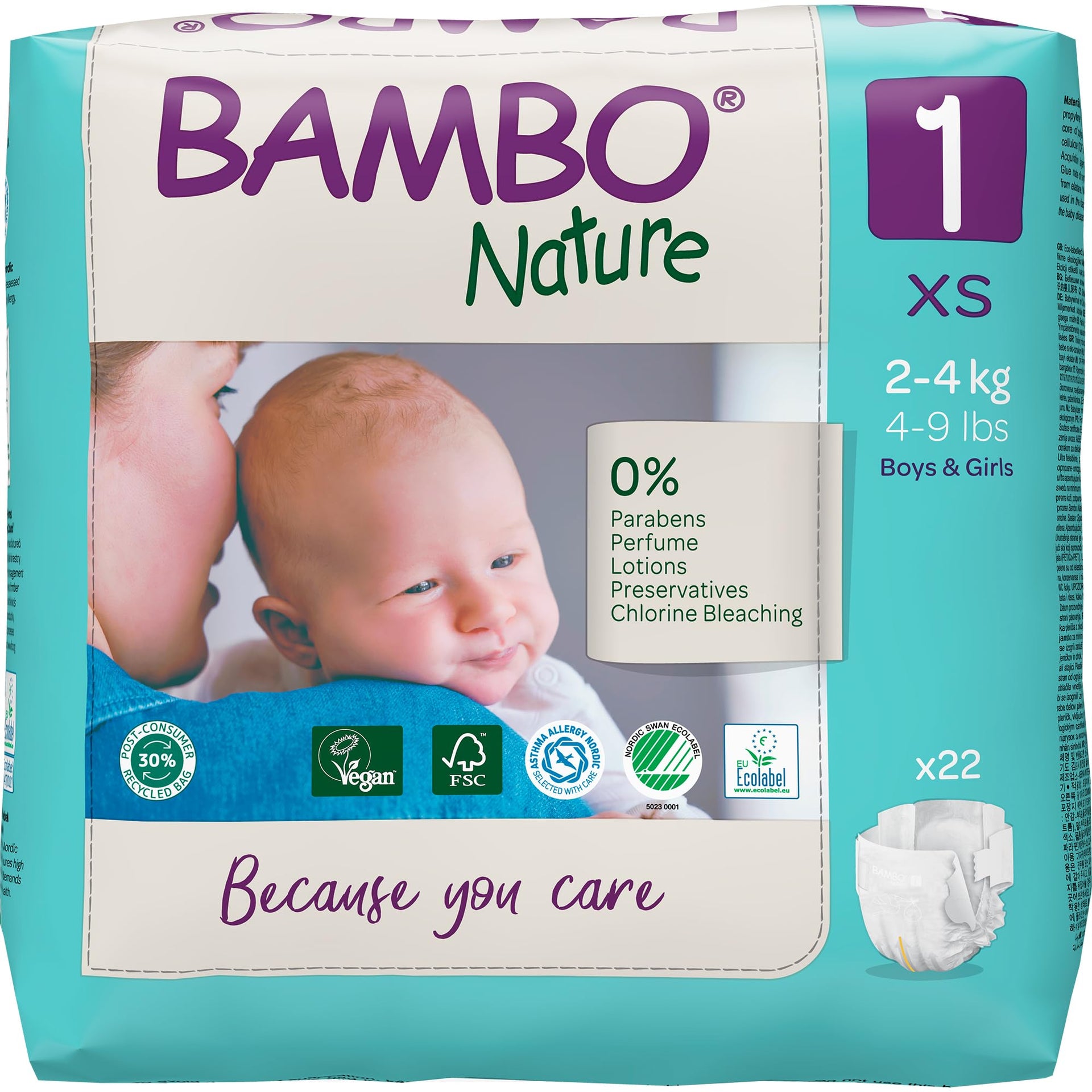 Bambo Nature Premium Baby Tape Diapers for New Born Baby XS Size (2–4 Kgs) – Super Absorbent, Breathable, Extra Soft, Dermatologically Tested, Hypoallergenic Nappies with Wetness Indicator, 132 Count