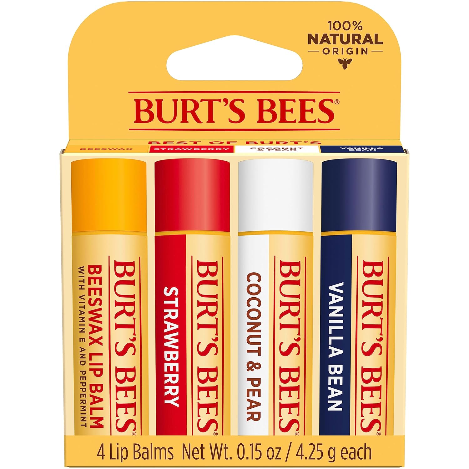 Burt's Bees Natural Moisturizing Lip Balm (Original Beeswax, Strawberry, Coconut & Pear & Vanilla Bean) With Beeswax & Fruit Extracts (Pack Of 4)