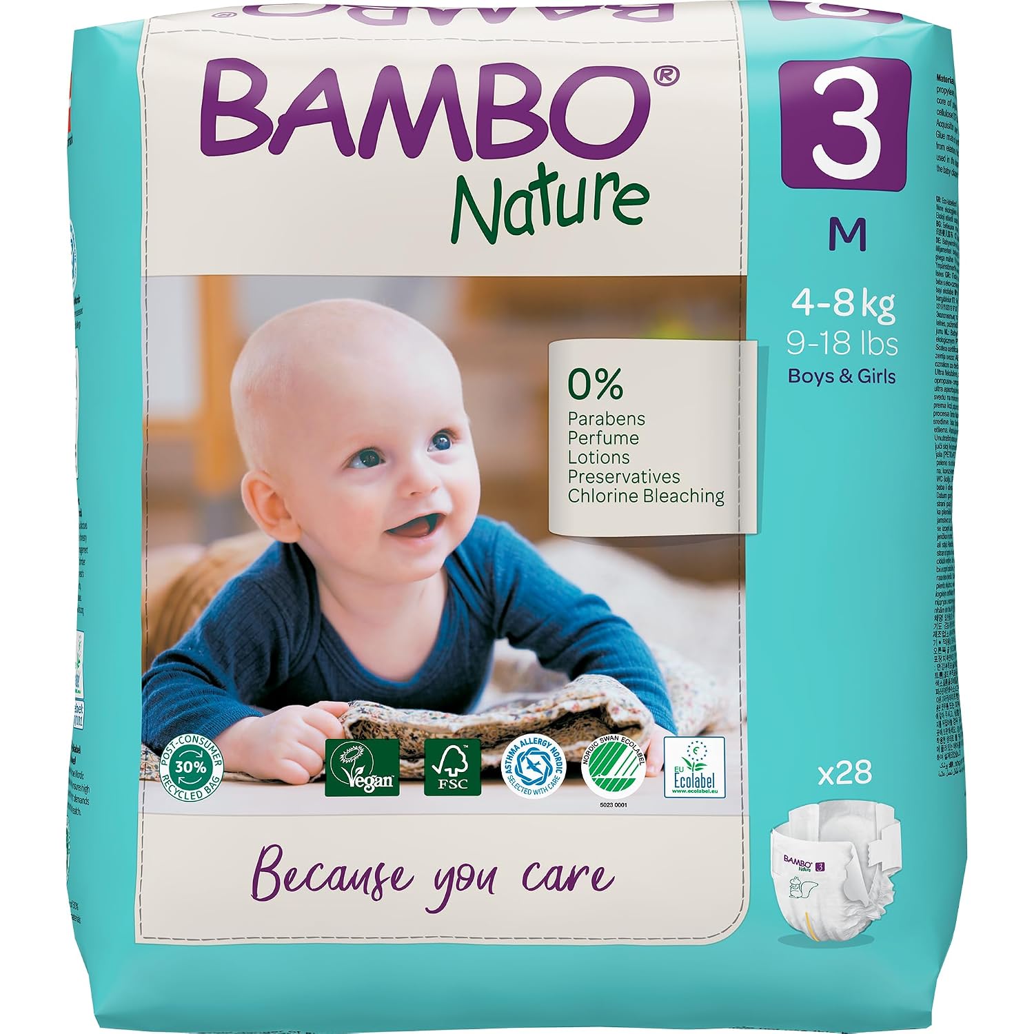 Bambo Nature Premium Baby Tape Diapers for Baby Medium Size (4-8 Kgs) - Super Absorbent, Breathable, Extra Soft, Dermatologically Tested, Hypoallergenic Infant Nappies With Wetness Indicator, 28 Count