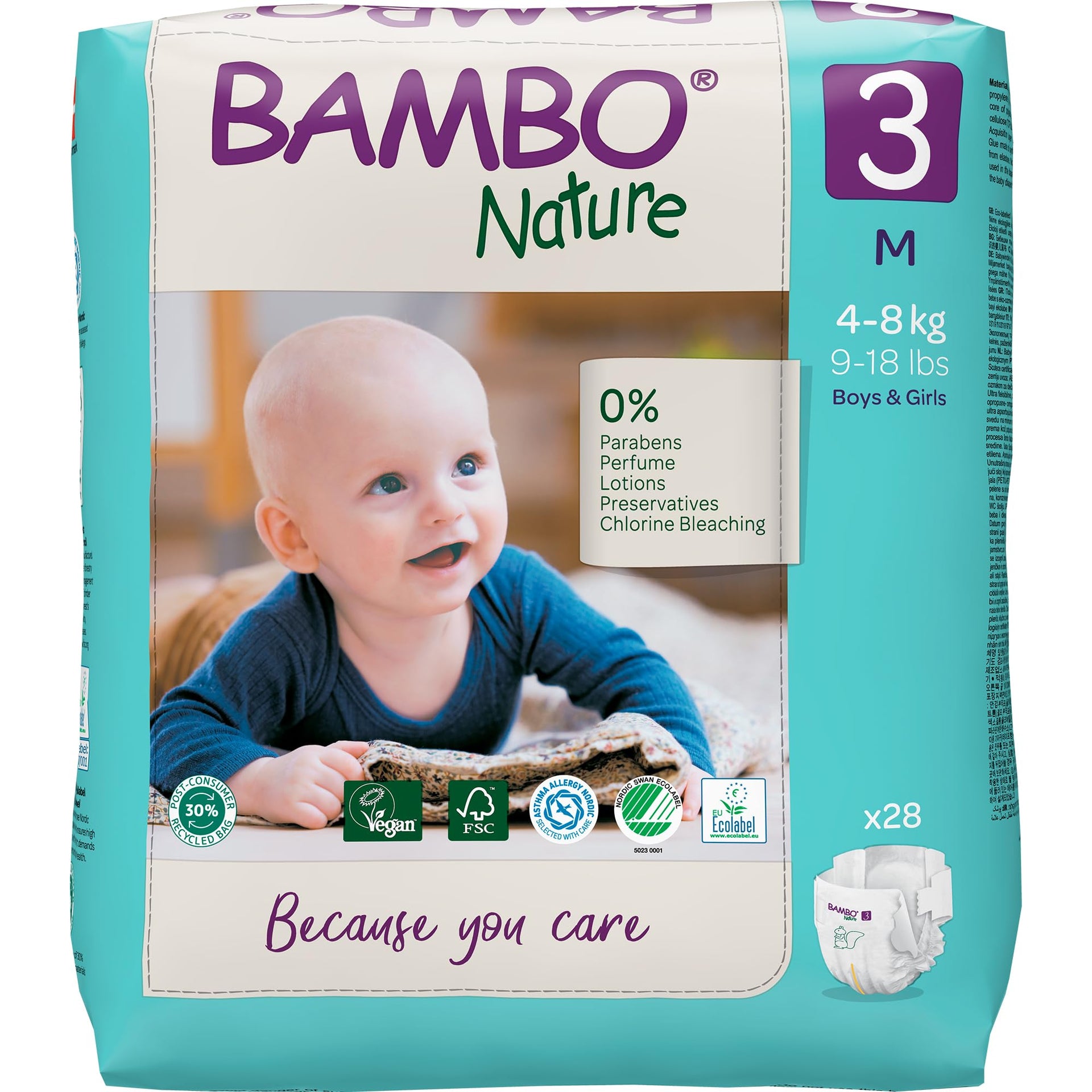 Bambo Nature Premium Baby Tape Diapers for Baby Medium Size (4-8 Kgs), Super Absorbent, Breathable, Extra Soft, Dermatologically Tested, Hypoallergenic Infant Nappies With Wetness Indicator, 168 Count