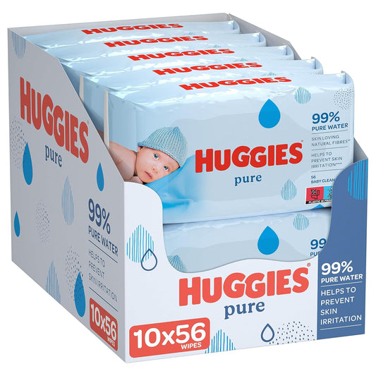 Huggies Pure Baby Wipes - Pack of 10 (10 x 56 Packs, Total 560 Wipes)