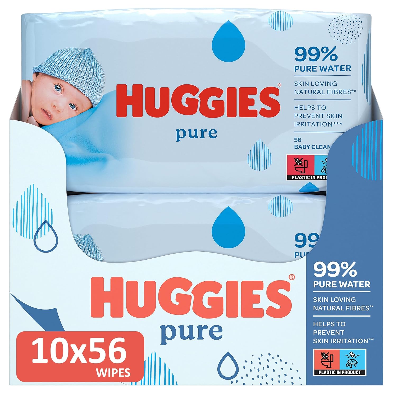 Huggies Pure Baby Wipes - Pack of 10 (10 x 56 Packs, Total 560 Wipes)