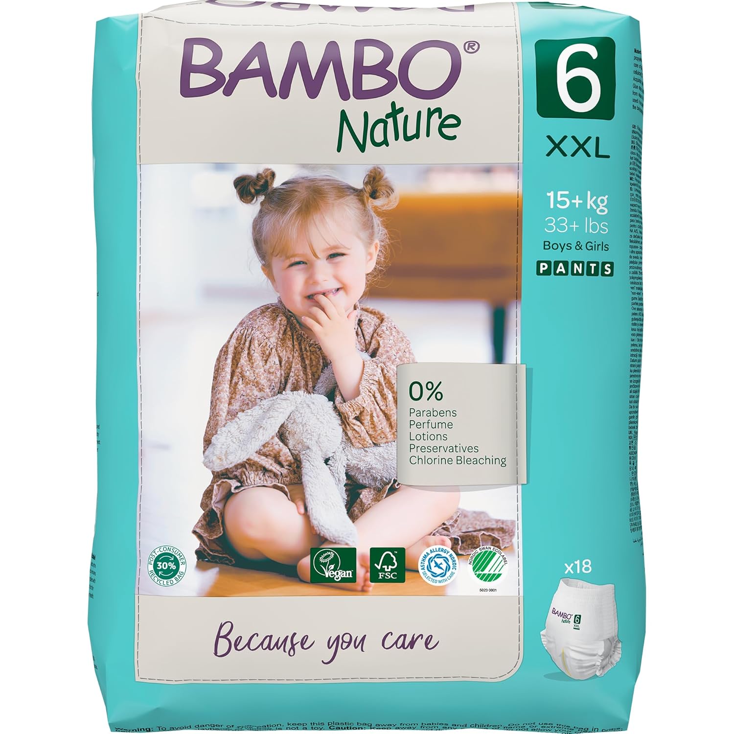 Bambo Nature Premium Baby Pants Diapers for Kids XXL Size (15+ Kgs), Super Absorbent, Breathable, Extra Soft, Dermatologically Tested, Hypoallergenic Infant Nappies With Wetness Indicator, 18 Count
