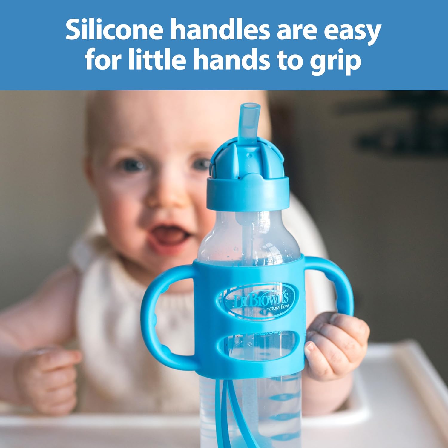 Dr. Brown's Milestones Narrow Sippy Straw Bottle, Spill-Proof with 100% Silicone Handles and Weighted Straw, 8 oz/250 mL, Blue/Gray, 6m+