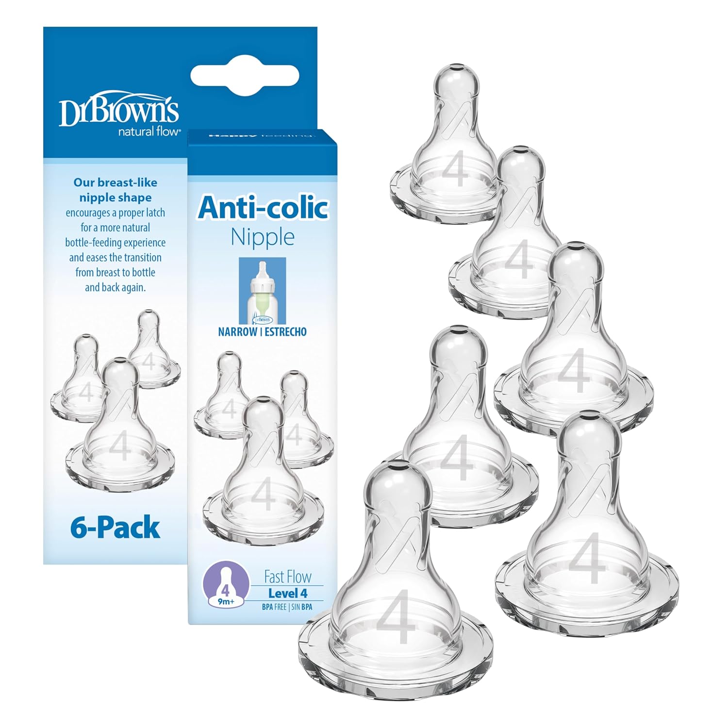 Dr. Brown's Natural Flow Narrow Baby Bottle Silicone Nipple, 6-Pack