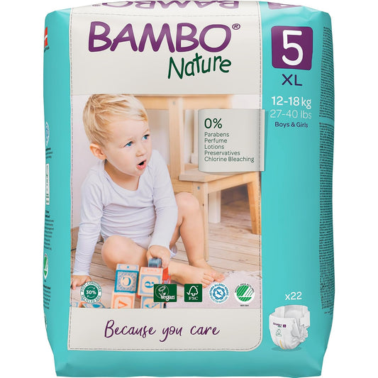 Bambo Nature Premium Baby Tape Diapers for Baby XL Size (12-18 Kgs), Super Absorbent, Breathable, Extra Soft, Dermatologically Tested, Hypoallergenic Nappies With Wetness Indicator, 22 Count