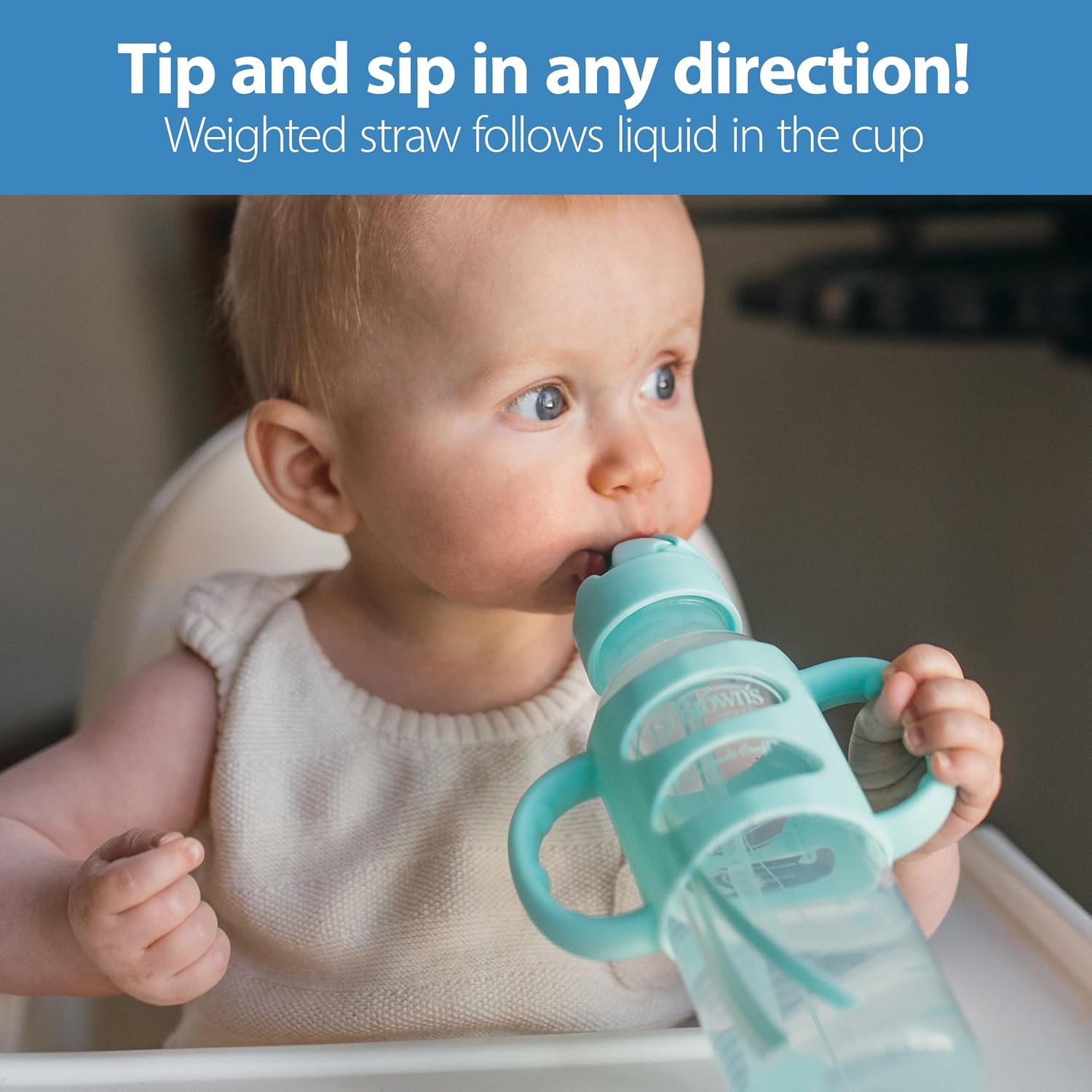 Dr. Brown's Milestones Narrow Sippy Straw Bottle, Spill-Proof with 100% Silicone Handles and Weighted Straw, 8 oz/250 mL, Green, 6m+
