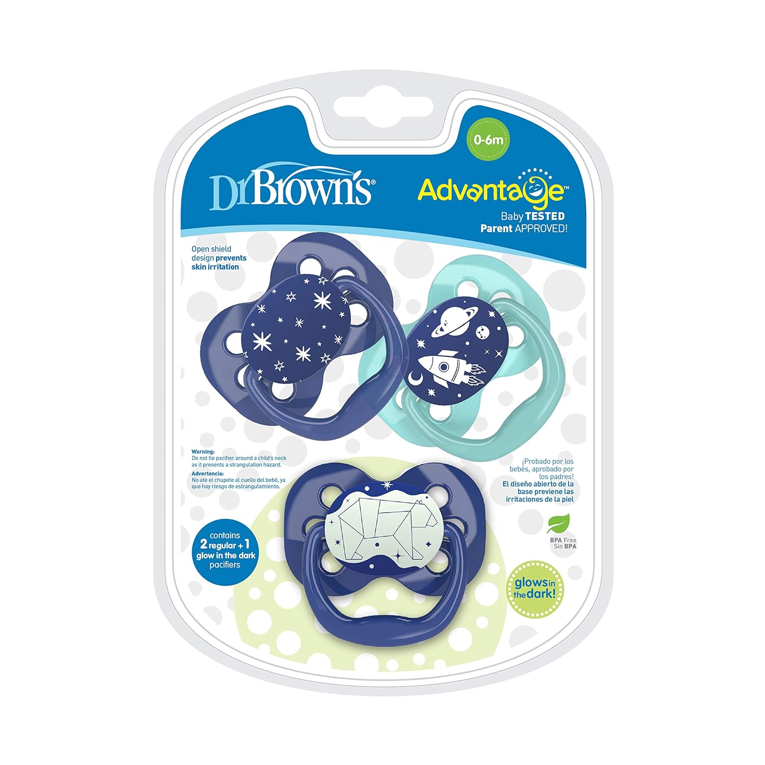 Dr. Brown's Advantage Baby Pacifiers, Glow in The Dark, Stage 1, 3Count, Blue