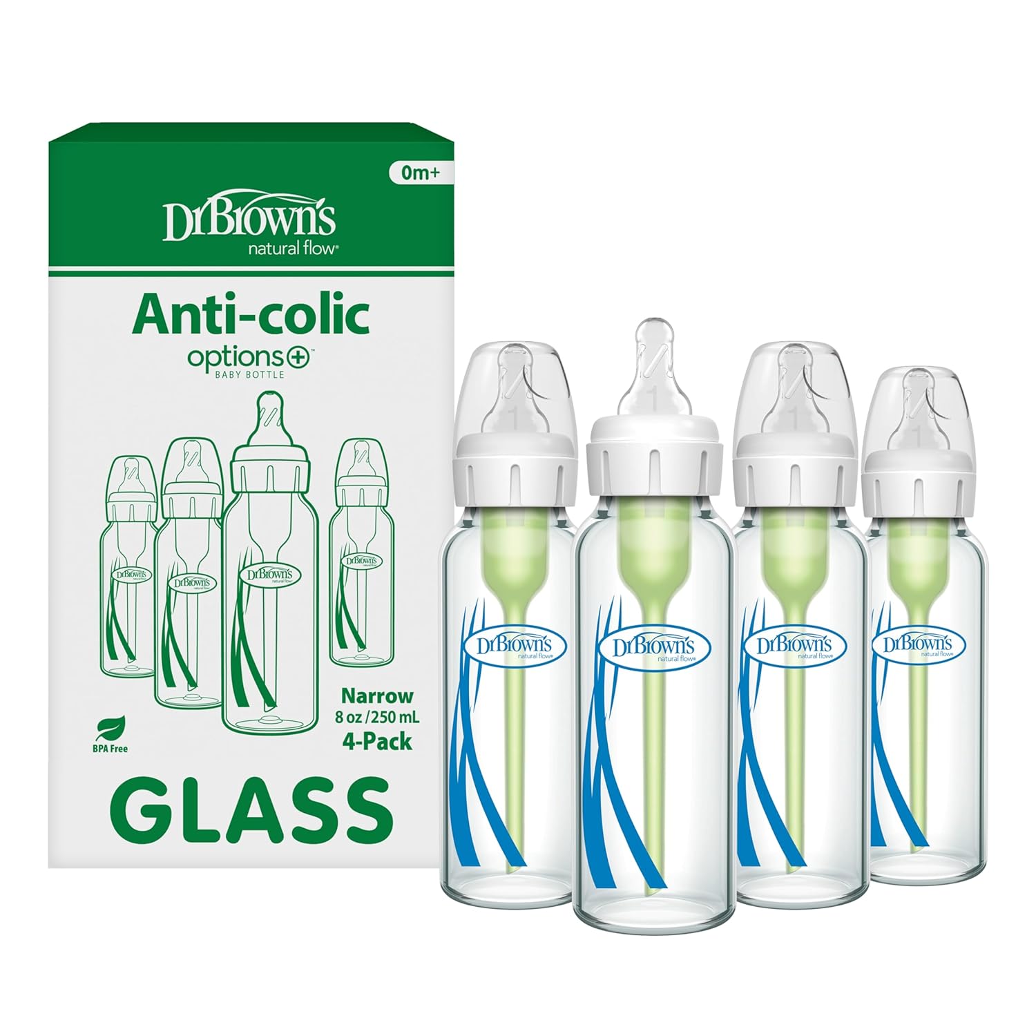 Dr. Brown's Anti-Colic Options+ Narrow Glass Baby Bottle with Level 1 Slow Flow Nipple, BPA-Free, 8 oz/250 mL, (4)