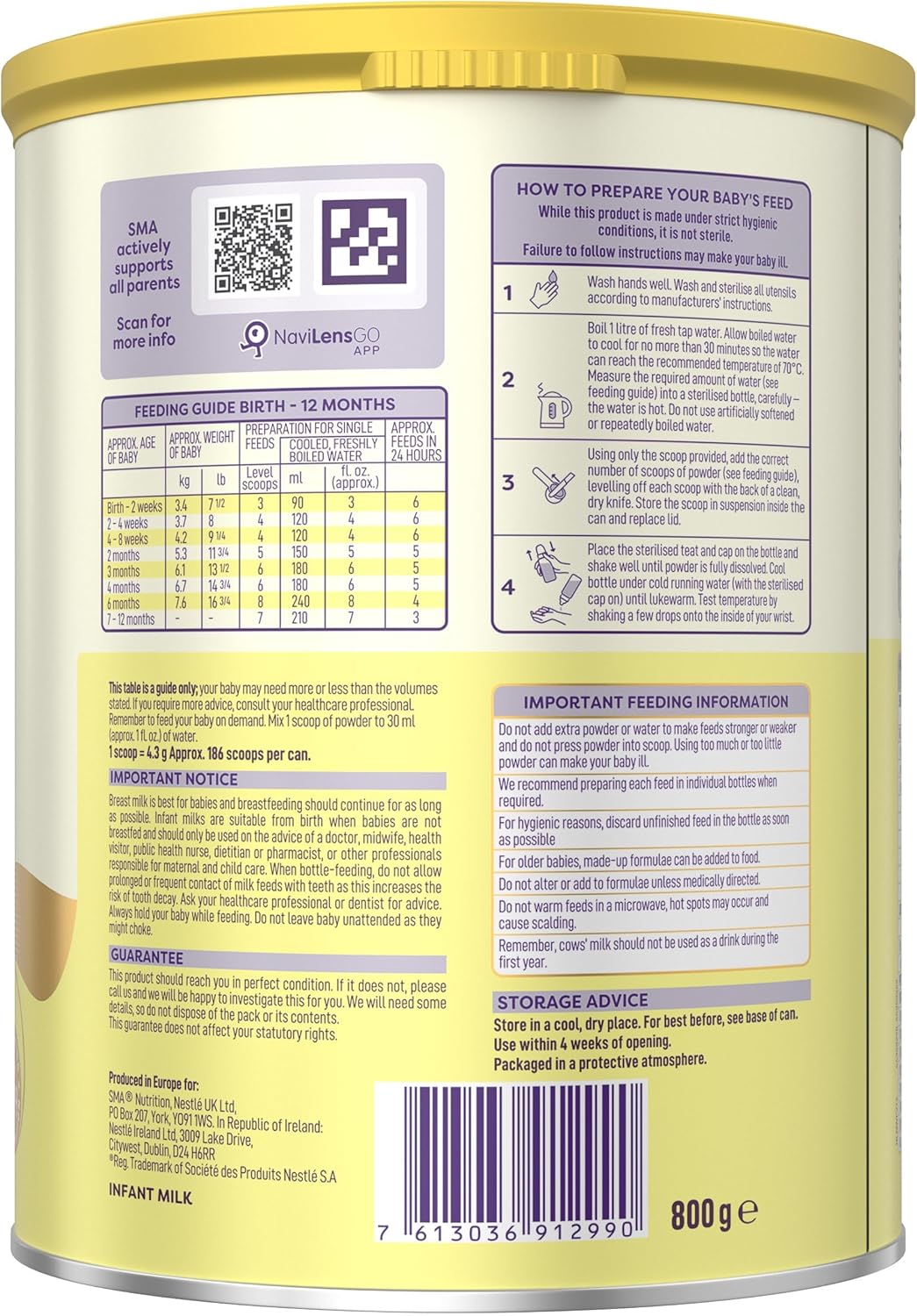 SMA First Infant Baby Milk Powder Formula, from birth, 800 g (Pack of 4)