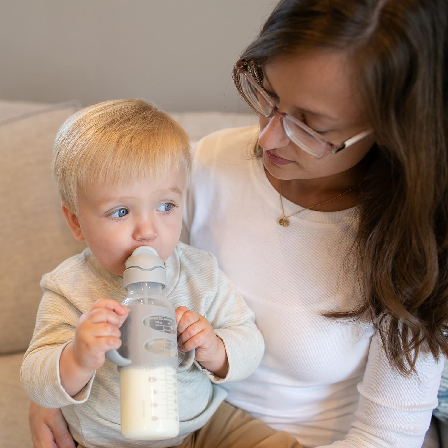 Dr. Brown's Milestones Narrow Sippy Straw Bottle, Spill-Proof with 100% Silicone Handles and Weighted Straw, 8 oz/250 mL, Blue/Gray, 6m+