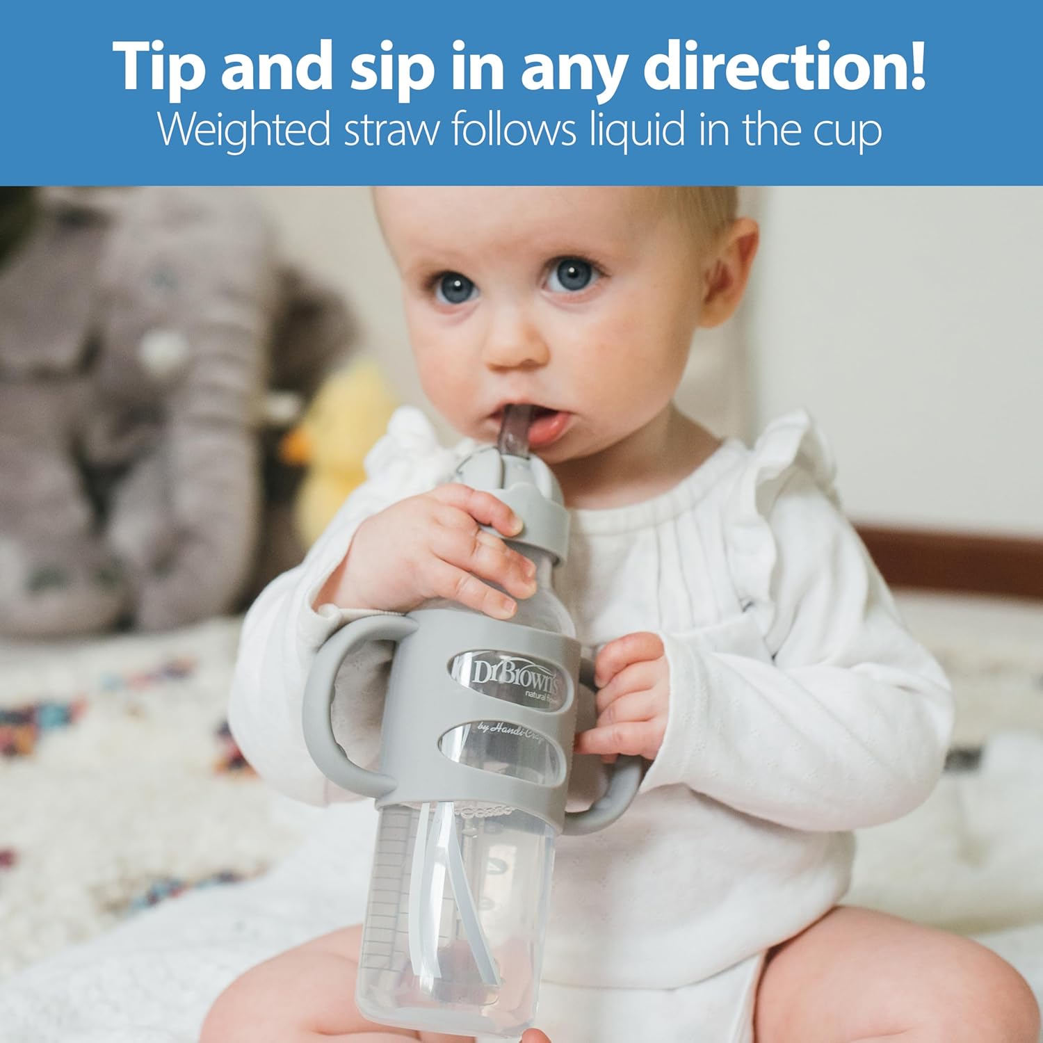 Dr. Brown's Milestones Narrow Sippy Straw Bottle, Spill-Proof with 100% Silicone Handles and Weighted Straw, 8 oz/250 mL, Blue/Gray, 6m+