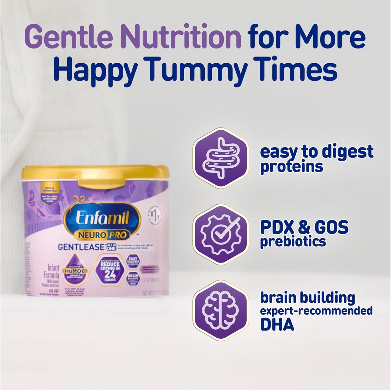 Enfamil NeuroPro Gentlease Baby Formula, Infant Formula Nutrition, Brain Support that has DHA, HuMO6 Immune Blend, Designed to Reduce Fussiness, Crying, Gas & Spit-up in 24 Hrs, has Prebiotics to Promote Softer Stools, Reusable Tubs, 19.5 Oz, (Pack of 4)