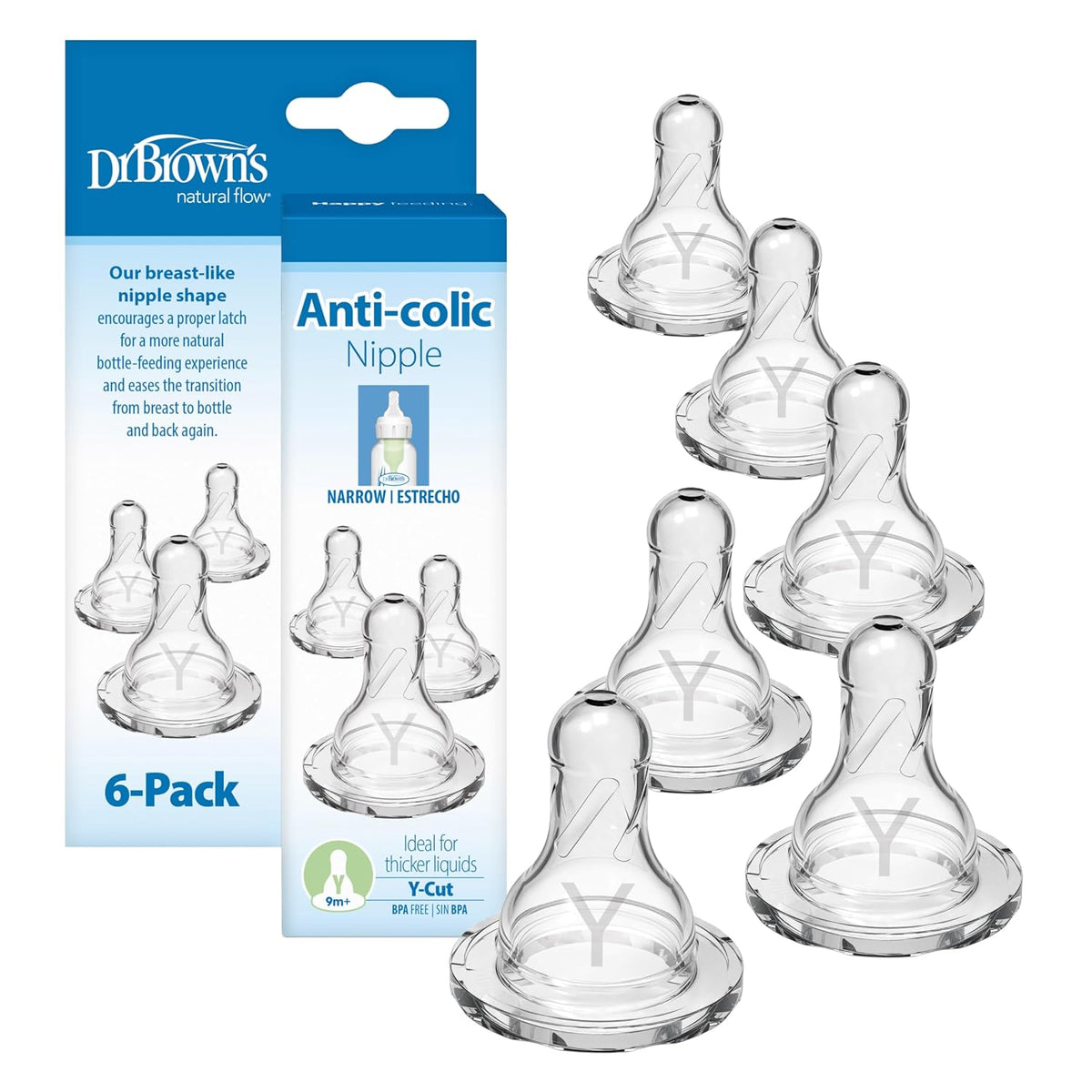 Dr. Brown's Natural Flow Narrow Baby Bottle Silicone Nipple, 6-Pack