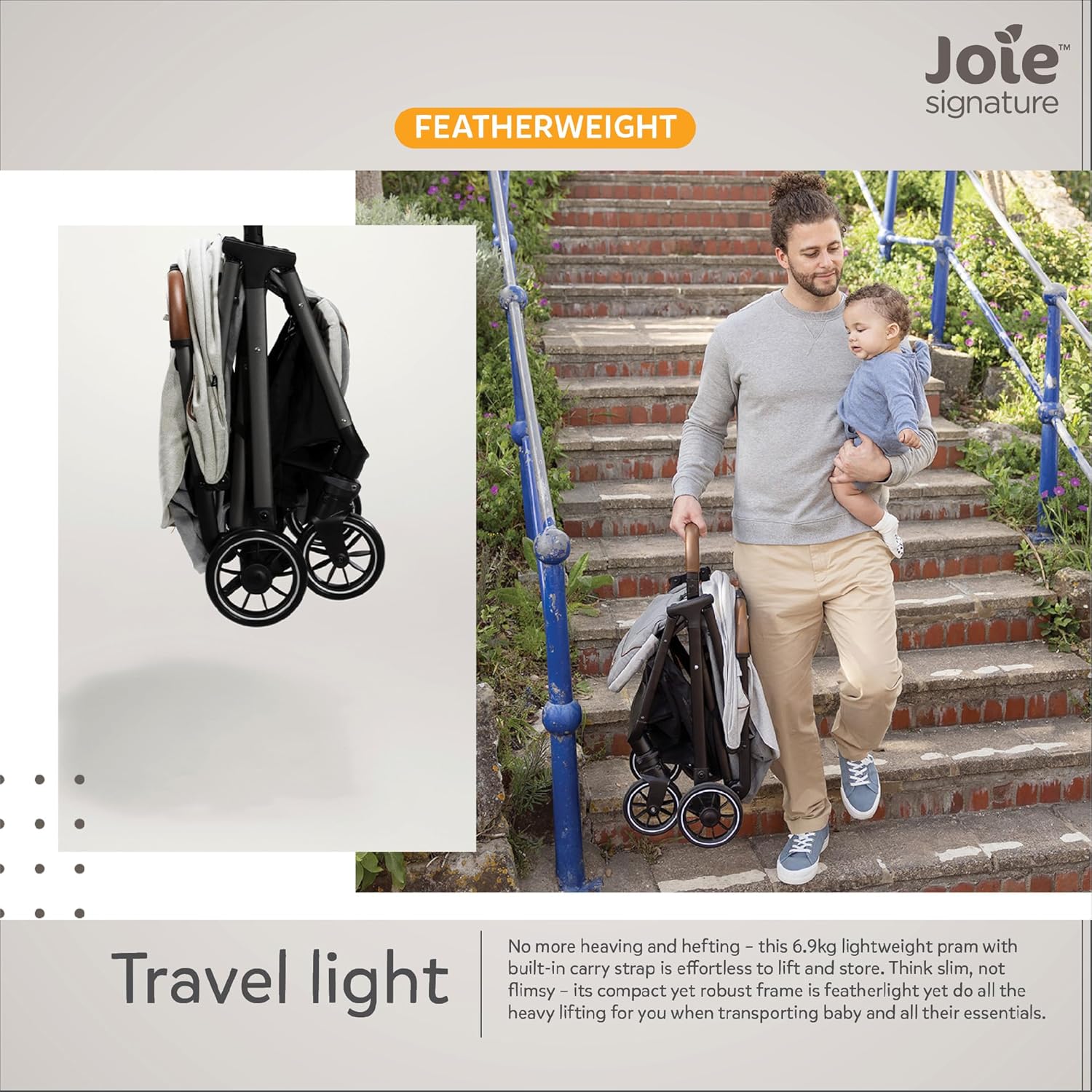 Joie Parcel 3in1 Compact Lightweight Travel Stroller - Pram with 5-Point Harness & One-Hand Fold Baby Stroller for 0-4 Years, Magnetic Buckles for Harness Suitable from Birth to 22 kg