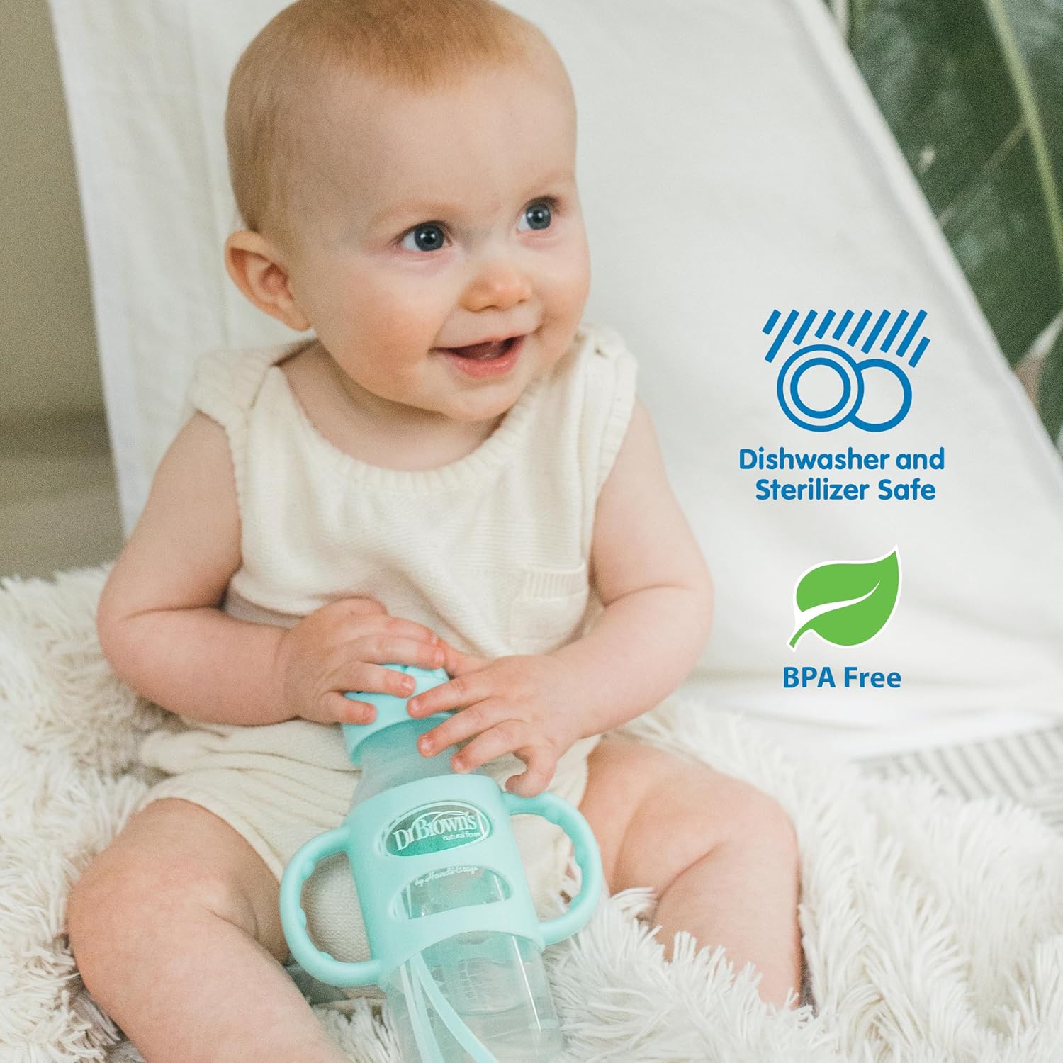 Dr. Brown's Milestones Narrow Sippy Straw Bottle, Spill-Proof with 100% Silicone Handles and Weighted Straw, 8 oz/250 mL, Green, 6m+