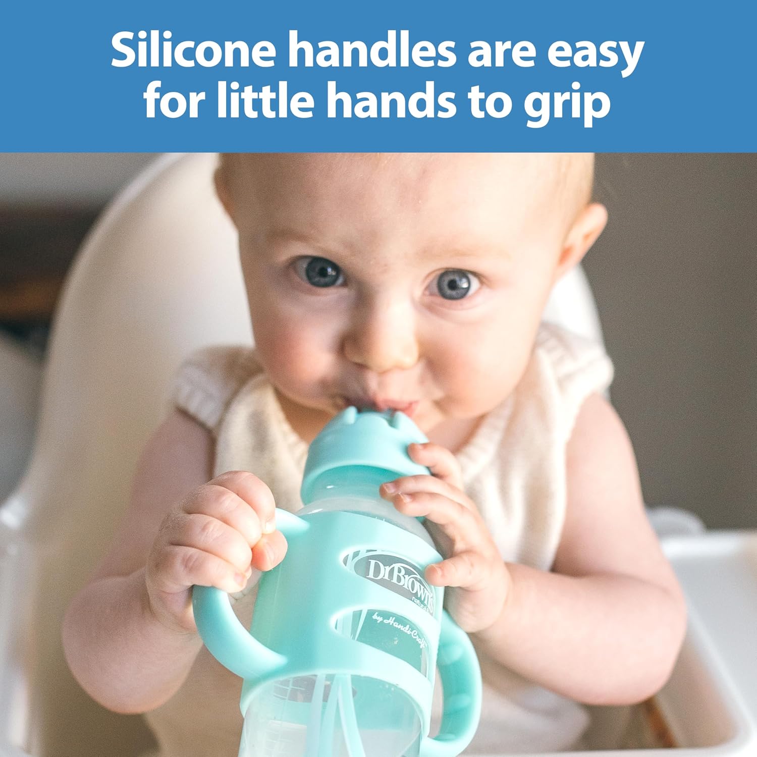 Dr. Brown's Milestones Narrow Sippy Straw Bottle, Spill-Proof with 100% Silicone Handles and Weighted Straw, 8 oz/250 mL, Green, 6m+