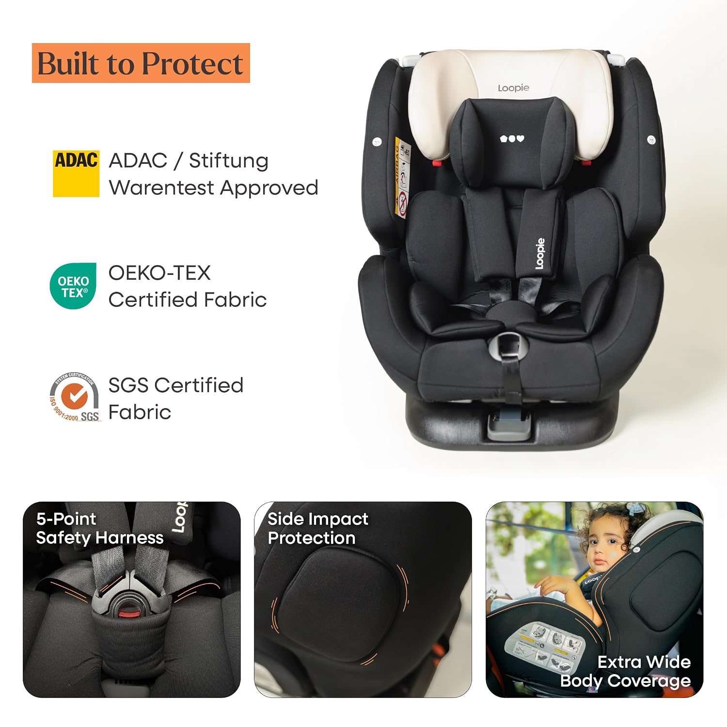 Loopie Lap Convertible Baby Car Seat for 0 to 12 Years, ISOFIX & Non-ISOFIX, 5 Point Harness, Side Impact Protection, 360 Rotation, 11 Height Adjustments, ADAC Approved, Wedge Cushion for Comfy Sleep